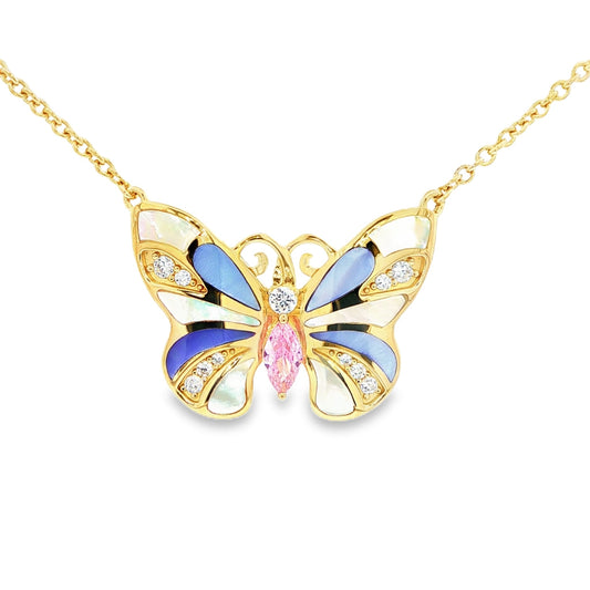 Gold plated sterling silver butterfly necklace with pink and white stones and white and purple inlay