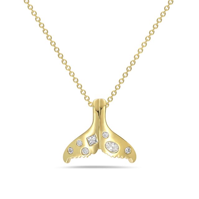14k whale tail pendant with 5 round diamonds 0.06ct, 1 princess 0 .05ct & 1 oval 0.05ct t.w.0.16ct on 18 inches cable chain