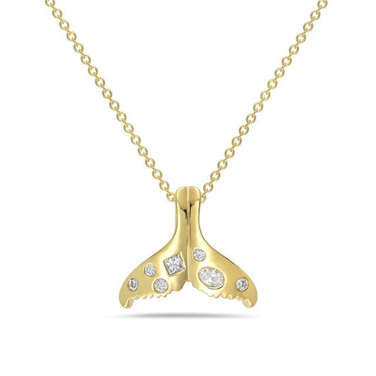 14k whale tail pendant with 5 round diamonds 0.06ct, 1 princess 0 .05ct & 1 oval 0.05ct t.w.0.16ct on 18 inches cable chain