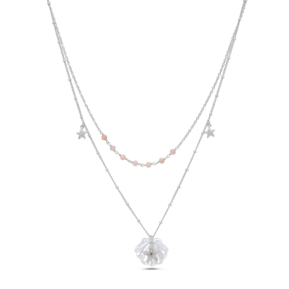Starfish Double Loop Necklace with Shell and Pink Beads in Sterling Silver