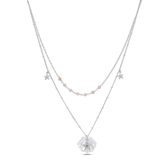 Starfish Double Loop Necklace with Shell and Pink Beads in Sterling Silver