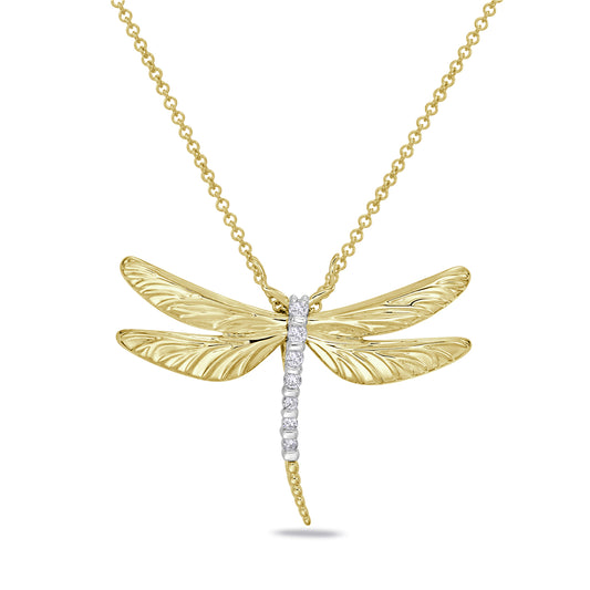 14KY 28x22mm dragonfly pendant with 7 diamonds 0.07ct on 18 inch cable chain