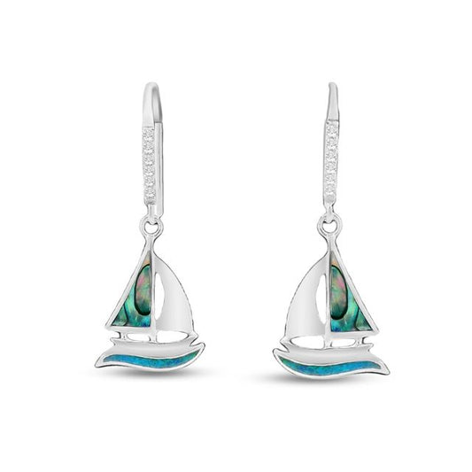 33mm x 14mm  Sterling silver sailboat earrings with shell sail and boat hull with cz's on hook