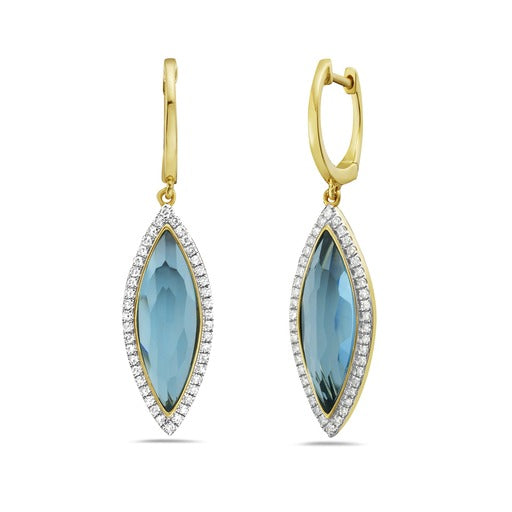 14K 22X9MM MARQUISE SHAPE BLUE TOPAZ EARRINGS WITH 84 DIAMONDS 0.36CT