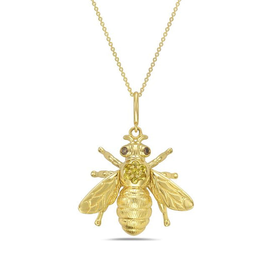 14k 20X26mm bee pendant with 7 yellow sapphires 0.18ct & 2 brown diamonds  0.05ct on 18 inches chain