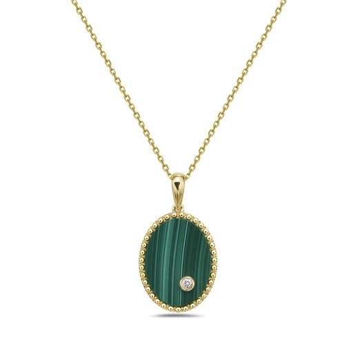 14KY 1 DIAMOND 0.02CT, 1 MALACHITE 3.24CT OVAL PENDANT ON 18 INCHES CHAIN