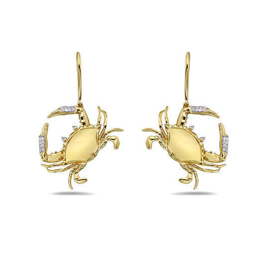 14K BLUE CRAB EARRINGS WITH 36 DIAMONDS 0.130CT. l-33MM, W-22MM