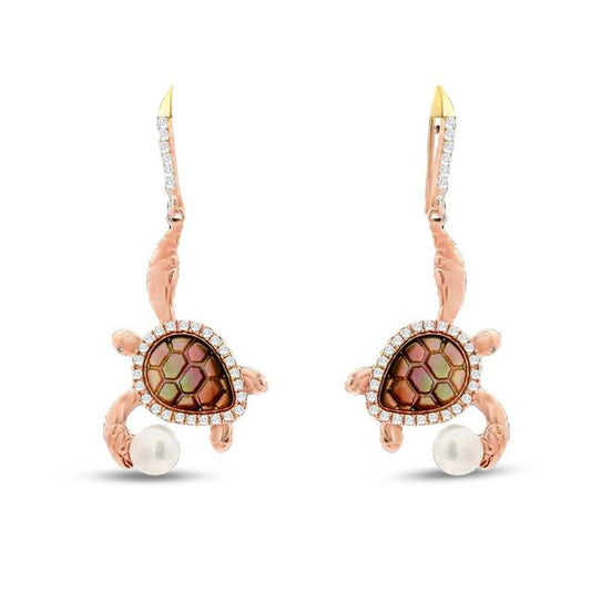 49mm x 22mm Rose gold plated sterling silver turtle earrings with iridescent center , cz trim, and faux pearl