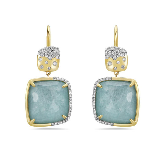 14KY 90 DIAMOND 0.56CT 2 AMAZONITE DOUBLET 2 CRYSTAL CUSHION SHAPE EARRINGS