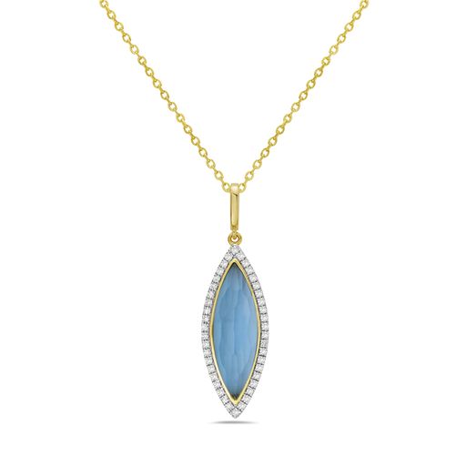 14K 22X9MM MARQUISE SHAPE BLUE TOPAZ  PENDANT WITH 42 DIAMONDS 0.18CT ON 18 INCHES CABLE CHAIN