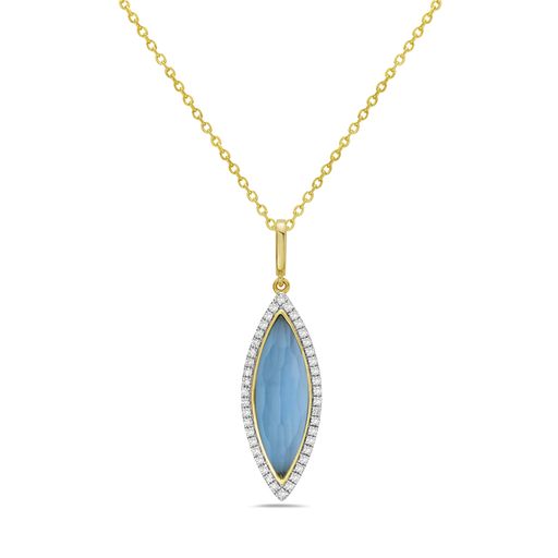 14K 22X9MM MARQUISE SHAPE BLUE TOPAZ PENDANT WITH 42 DIAMONDS 0.18CT ON 18 INCHES CABLE CHAIN