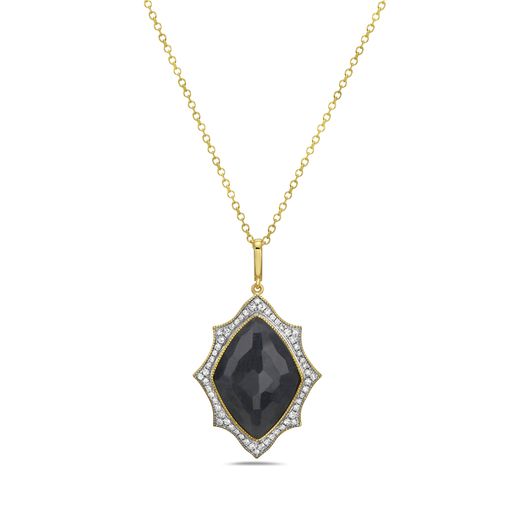 14K 25X19MM MARQUISE SHAPE BLACK ONYX  PENDANT WITH 56 DIAMONDS  0.26CT ON 18 INCHES CABLE CHAIN