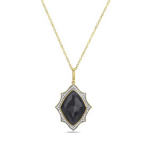 14K 25X19MM MARQUISE SHAPE BLACK ONYX PENDANT WITH 56 DIAMONDS 0.26CT ON 18 INCHES CABLE CHAIN