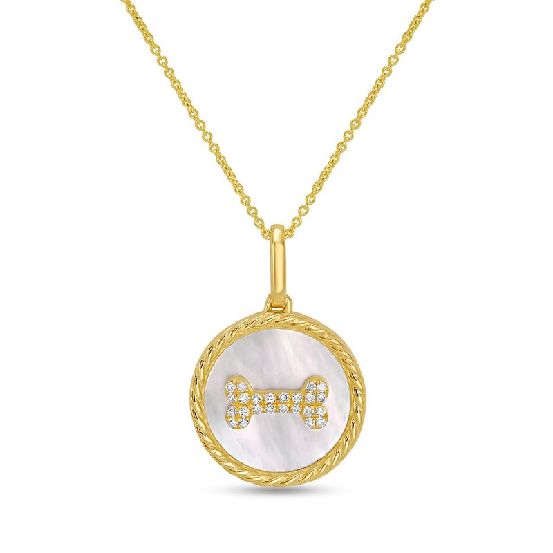 14k 13.5mm dog bone disk pendant with 24 diamonds 0.06ct & inlaid mother of pearl 18 inches chain 4.1
