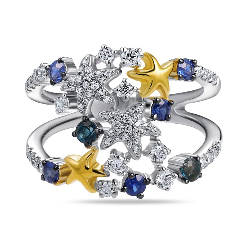 14KW STARFISH RING 5 SAPPHIRES 0.38CT, 66 DIAMONDS 0.53CT, 2 BT 0.18CT