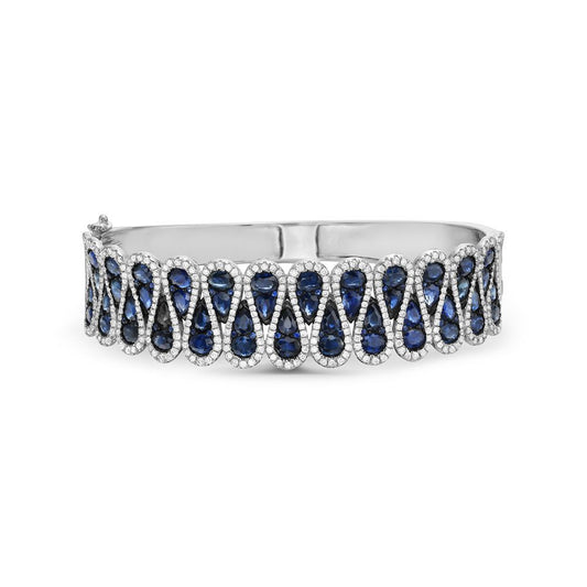 14K SCALLOPED DESIGN BANGLE WITH 464 DIAMONDS 2.08CT & 50 BLUE SAPPHIRES 10.09CT, 24MM WIDE