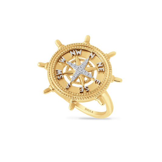 14K COMPASS ROSE RING WITH 13 DIAMONDS, 0.05CT