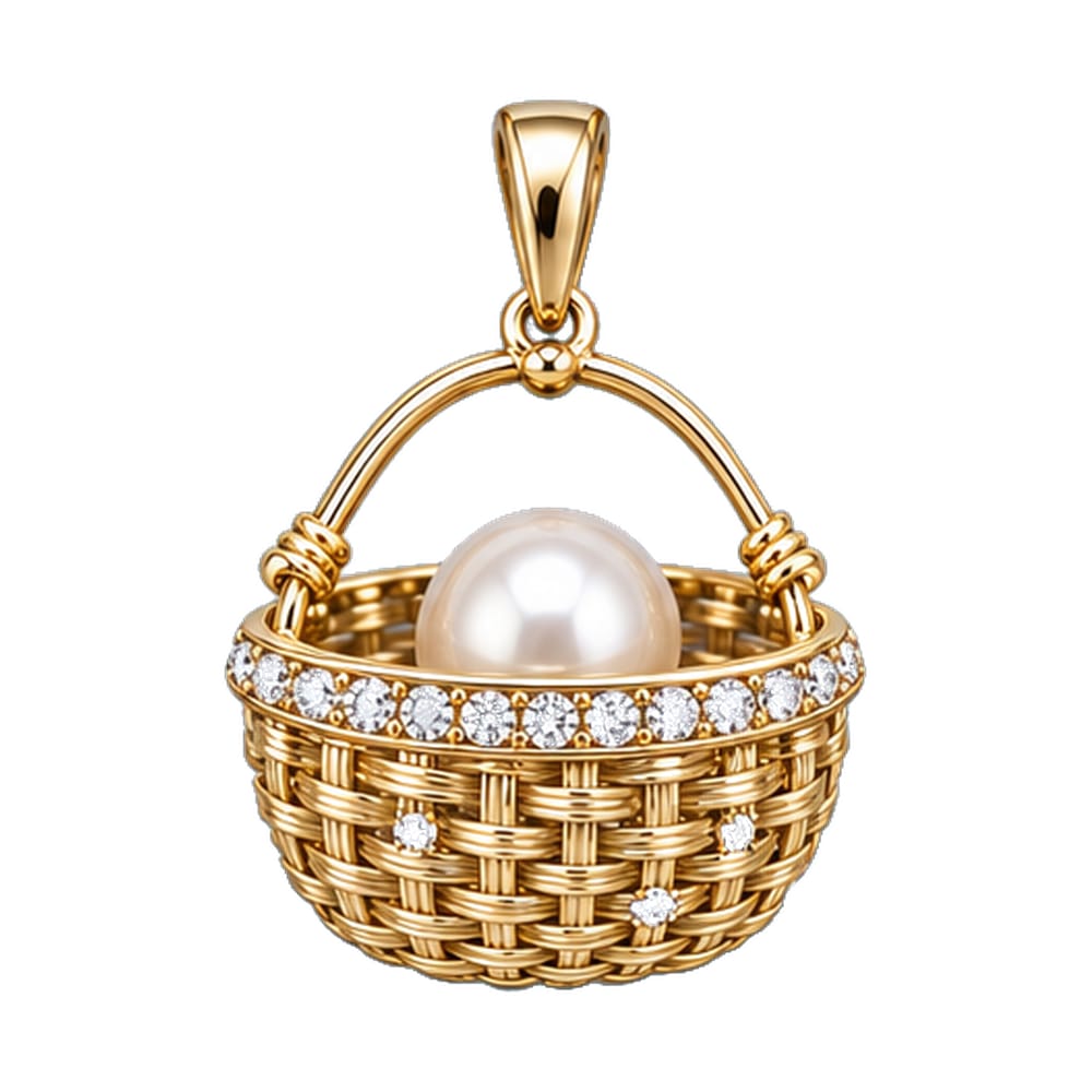 14KY 22x16.3mm nantucket basket with a pearl inside pendant 0.15ct diamonds