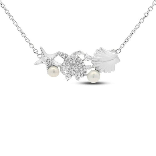 40x13 mm sterling silver starfish, turtle & sea shell necklace with czs & synthetic pearls 18 inches