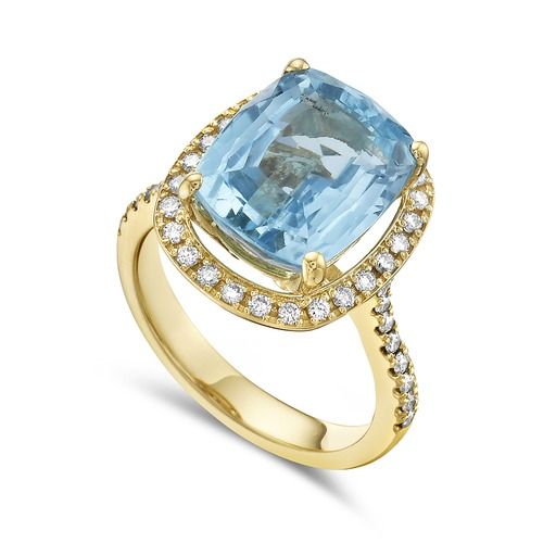 14K RING 12X10MM EMERALD CUT BLUE TOPAZ 7.20CT & 42 DIAMONDS 0.42CT