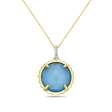 14K YELLOW GOLD NECKLACE WITH ROUND RECON TURQUOISE, CRYSTAL DOUBLET WITH 15 DIAMONDS 0.050CT ON 18 INCHES CABLE CHAIN
