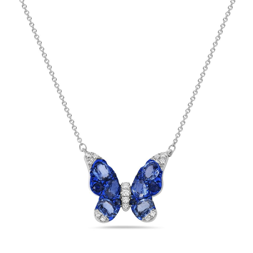 14K 17X13MM BUTTERFLY NECKLACE WITH 14 DIAMONDS 0.07CT & 12 SAPPHIRES 1.58CT 18 INCHES