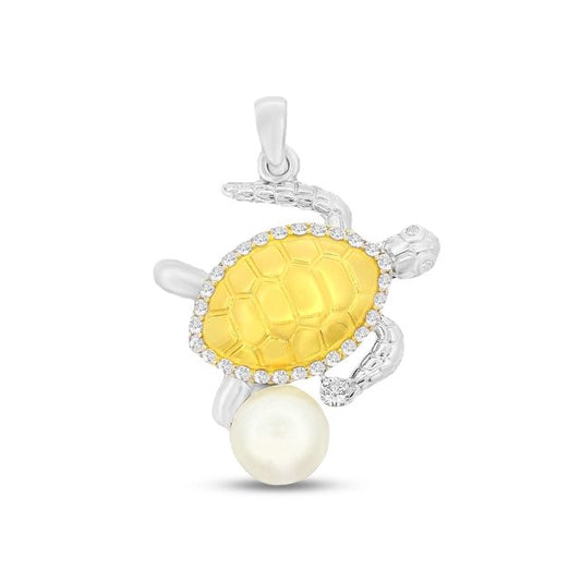 29mm x 23mm Sterling silver and gold plated turtle pendant with faux pearl