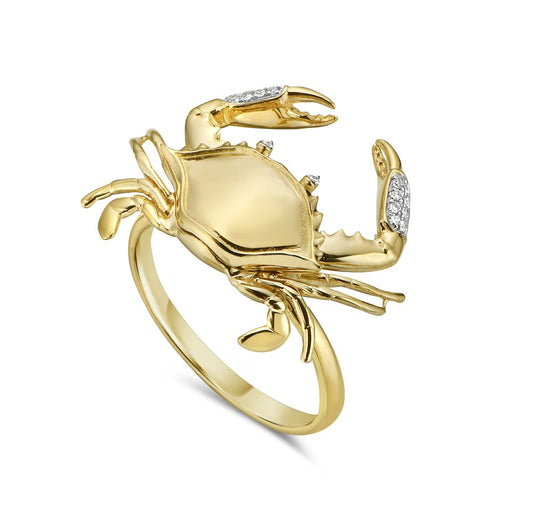 14K BLUE CRAB RING WITH 18 DIAMONDS 0.065CT, 22X18MM