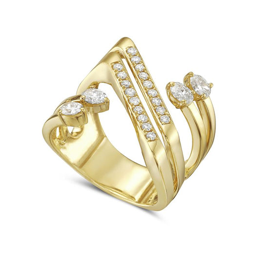 14k 17mm crisscross ring with 18 round diamonds 0.22ct & 4 oval 0.45ct t.w. 0.67ct
