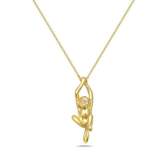 14KY MONKEY PENDANT WITH DIAMOND EYES 0.01CT ON 18 INCHES CHAIN