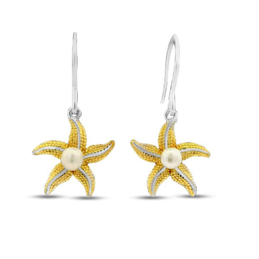 14mm x 20mm Gold plated sterling silver starfish earrings with faux pearl center