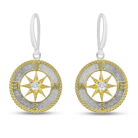 14mm round stering silver and gold plated compass earrings with cz center