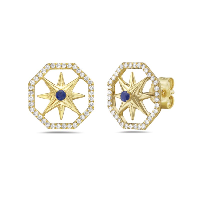14k 12mm hexagon shape compass earrings with 2 sapphires 0.06ct & 72 diamonds 0.25ct 5.5