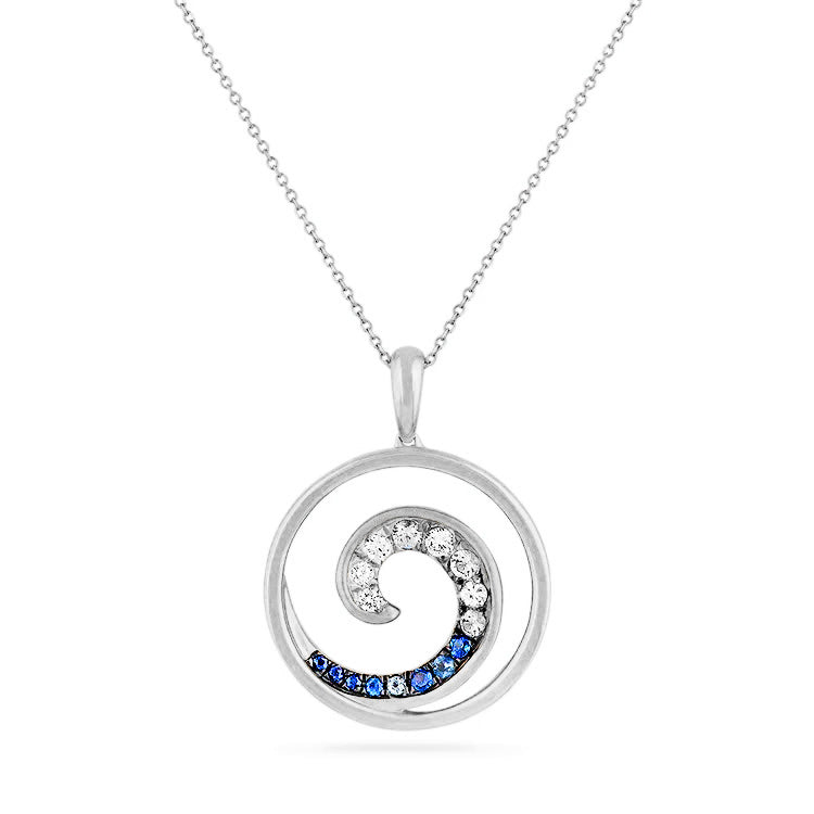 14K WAVE PENDANT WITH 4 DIAMONDS 0.08CT & 12 SAPPHIRES 0.22CT ON 18 INCHES CHAIN, DIAMETER 19MM, BALE 6.3MM LENGTH