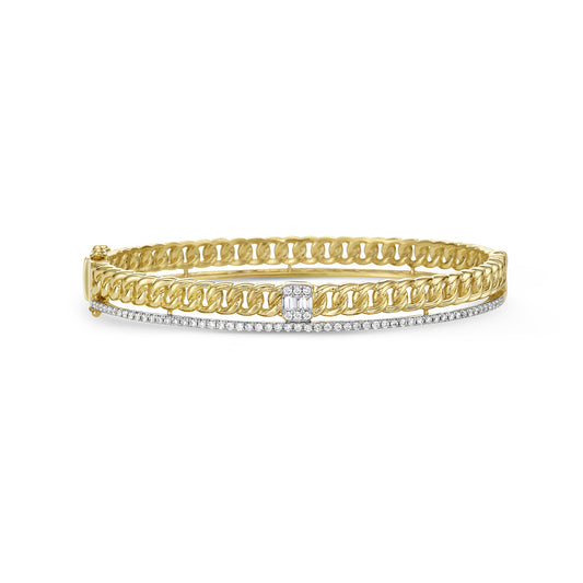 14K FANCY MULTI LINKS BANGLE WITH 3 TAPERED DIAMONDS 0.05CT AND 62 DIAMONDS 0.43CT