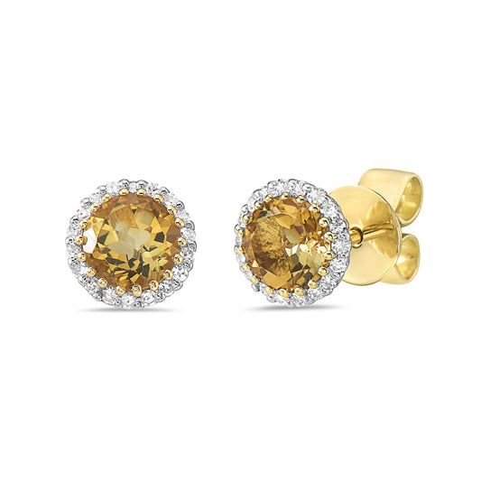 14K ROUND CITRINE EARRINGS WITH 36 DIAMONDS 0.119CT