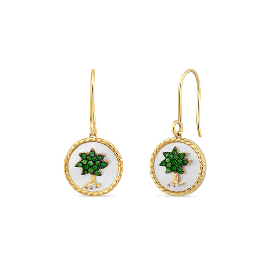 14K PALM TREE EARRINGS WITH 4 DIAMONDS 0.02CT, 30 GREEN GARNET 0.22CT & 2 MOTHER OF PEARL, 13MM DIAMETER