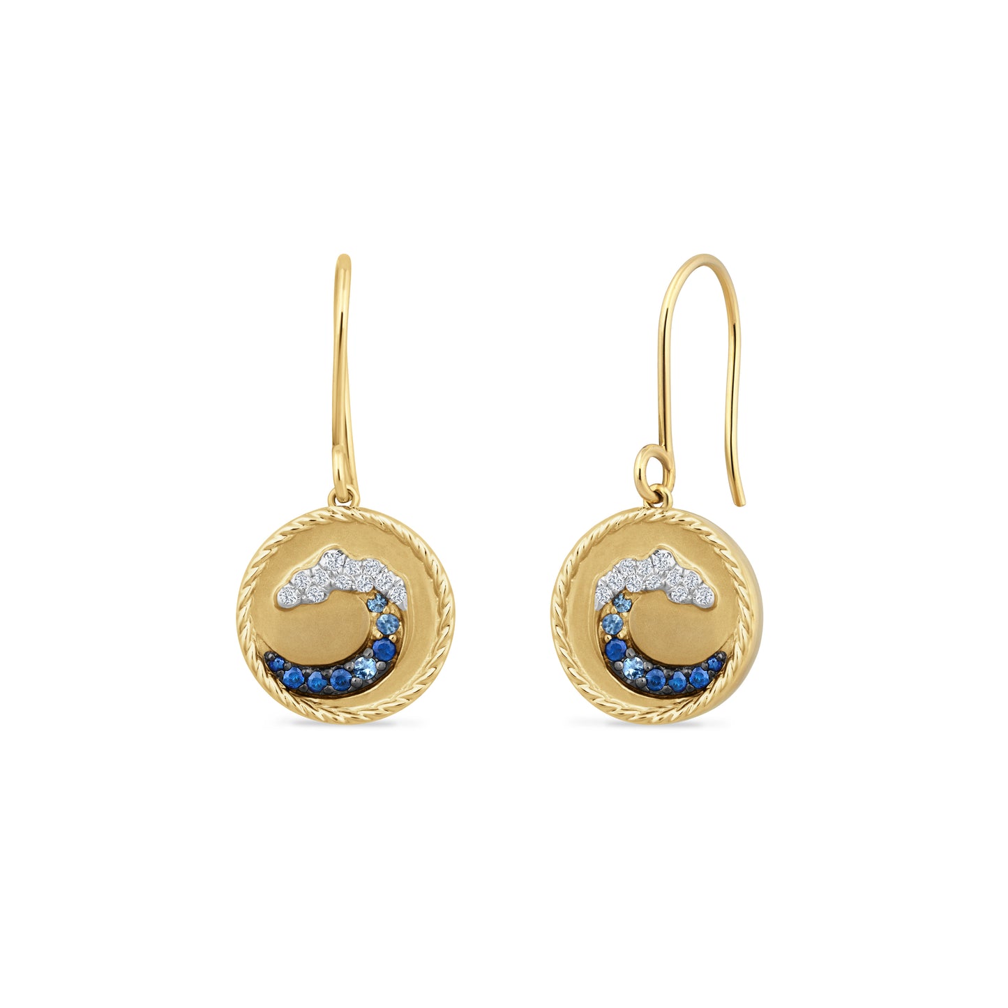 14K WAVE EARRINGS WITH 16 BLUE SAPPHIRES 0.18CT & 22 DIAMONDS 0.12CT, 13MM DIAMETER