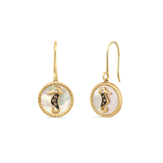 14K SEAHORSE EARRINGS IN MOTHER OF PEARL WITH 2 DIAMONDS 0.015CT & 6 BROWN DIAMONDS 0.05CT, 13MM DIAMETER