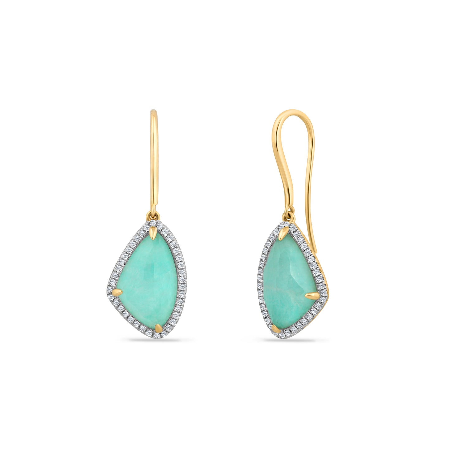 14K DOUBLET 2 AMAZONITE AND 2 CRYSTALS EARRINGS WITH 7 DIAMONDS 0.26CT, 11MM WIDTH & 15MM HEIGHT