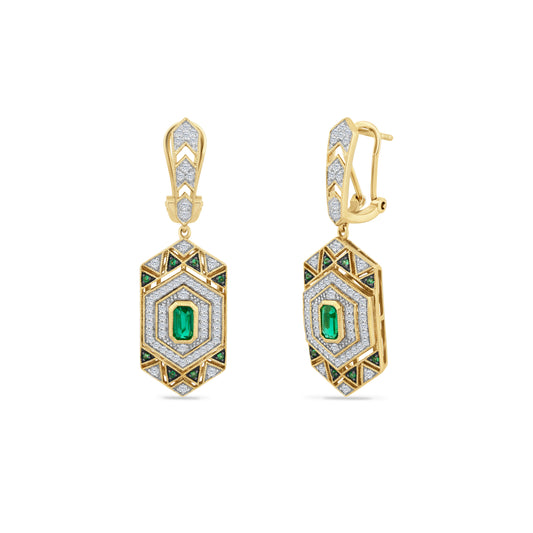 14K ART DECO DESIGN EARRINGS WITH EMERALDS 0.84CT & DIAMONDS 0.63CT