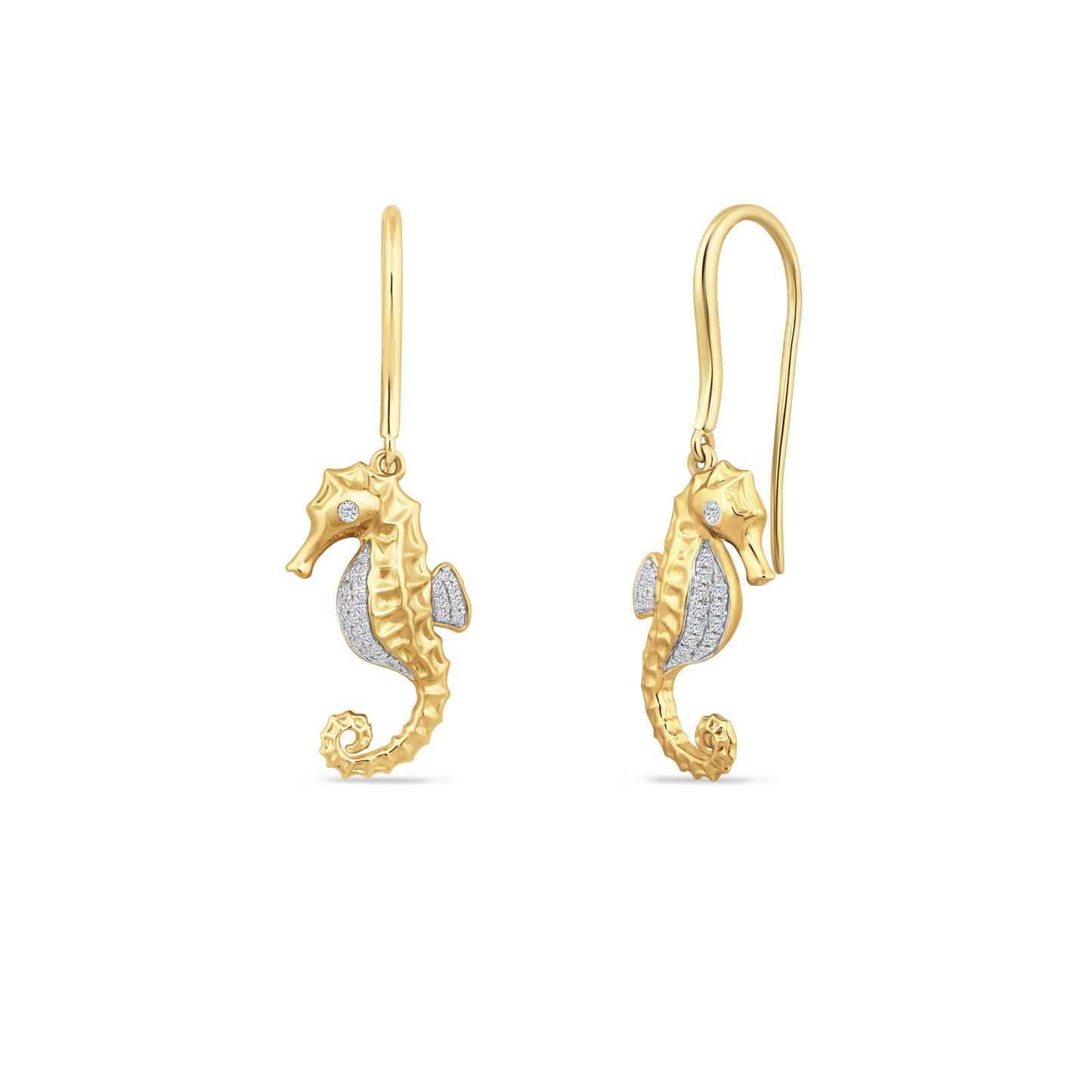14K SEAHORSE EARRINGS 7MM X 18MM WITH 38 DIAMONDS 0.13CT