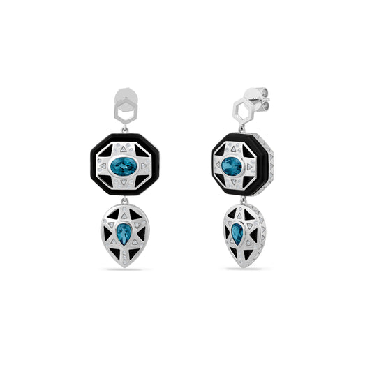 14K EARRINGS WITH 58 DIAMONDS 0.20CT, 4 BLUE TOPAZ 3.05CT & 4 BLACK ONYX 4.00 CT 1.75" BY 3/4"