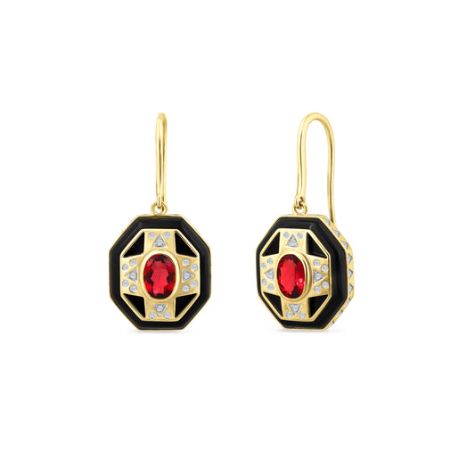 14K EARRINGS WITH 32 DIAMONDS 0.12CT, 2 PINK TOURMALINE 1.70CT & 2 BLACK ONYX 2.00CT