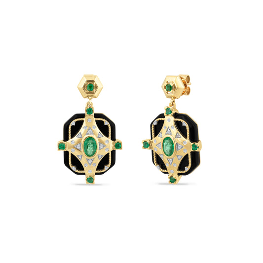 14K EARRINGS WITH 44 DIAMONDS 0.16CT, 2 CENTER EMERALDS 0.90CT, 10 EMERALDS 0.44CT & BLACK ONYX 2.00CT