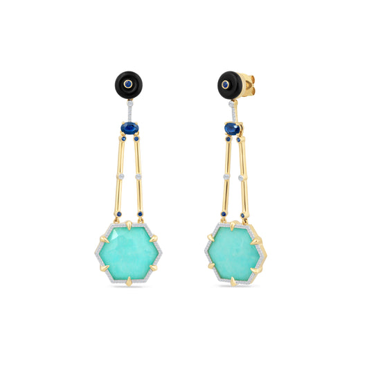 14K DROP DOUBLET AMAZONITE 2.00CT AND CLEAR QUARTZ 2.00CT EARRINGS WITH DIAMONDS, SAPPHIRES AND BLACK ONYX