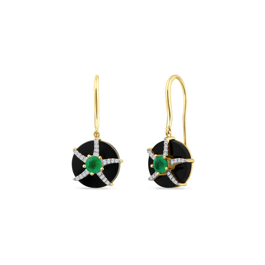 14K ROUND EARRINGS WITH 40 DIAMONDS 0.14CT, 2 EMERALDS 0.60CT & 2 BLACK ONYX 2.00CT