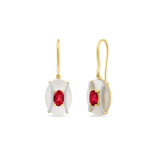 14K OVAL MOTHER OF PEARL EARRINGS WITH 48 DIAMONDS 0.16CT AND 2 PINK TOURMALINE 0.80CT & 2 MOTHER OF PEARL 2.00CT