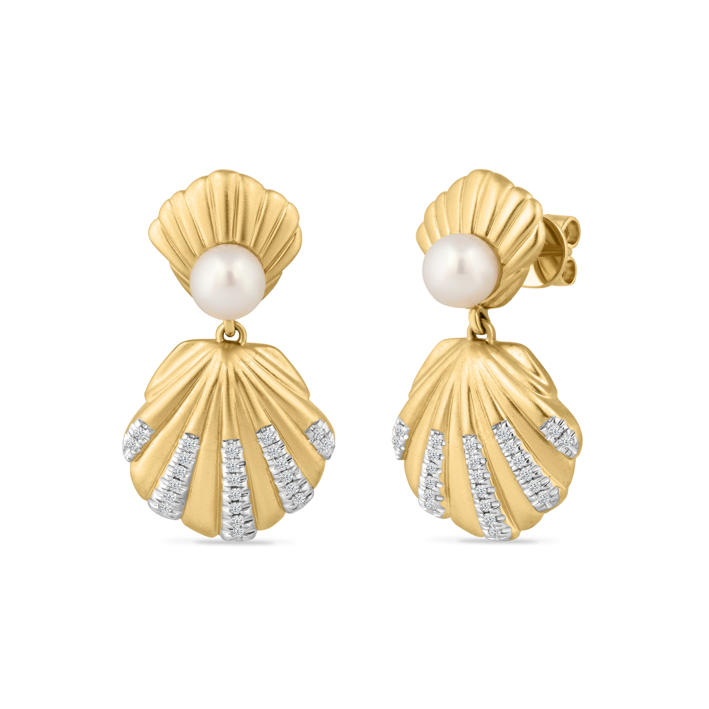 14K SHELL EARRINGS WITH 25 DIAMONDS 0.16CT & PEARLS