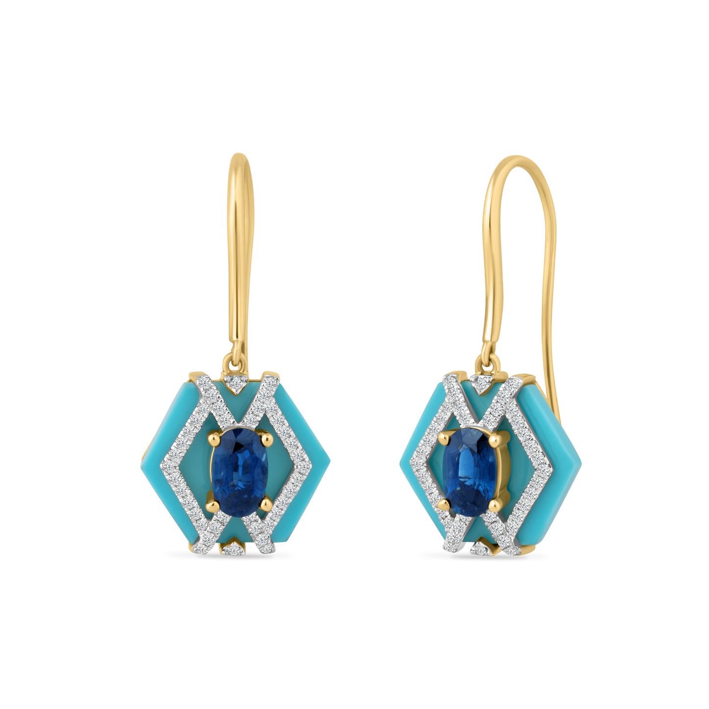 14K RECON TURQUOISE WIRE EARRINGS WITH 80 DIAMONDS 0.27CT AND 2 SAPPHIRES 1.2CT